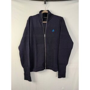 Clipper Full Zip Cardigan Mens Navy Blue 100% Virgin Wool Textured Knit Sweater‎